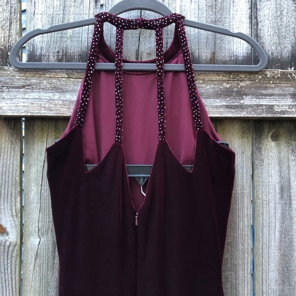 Vintage Reggio Maroon Velvet Maxi Dress Halter Beaded Strappy Wine Red - Picture 6 of 15